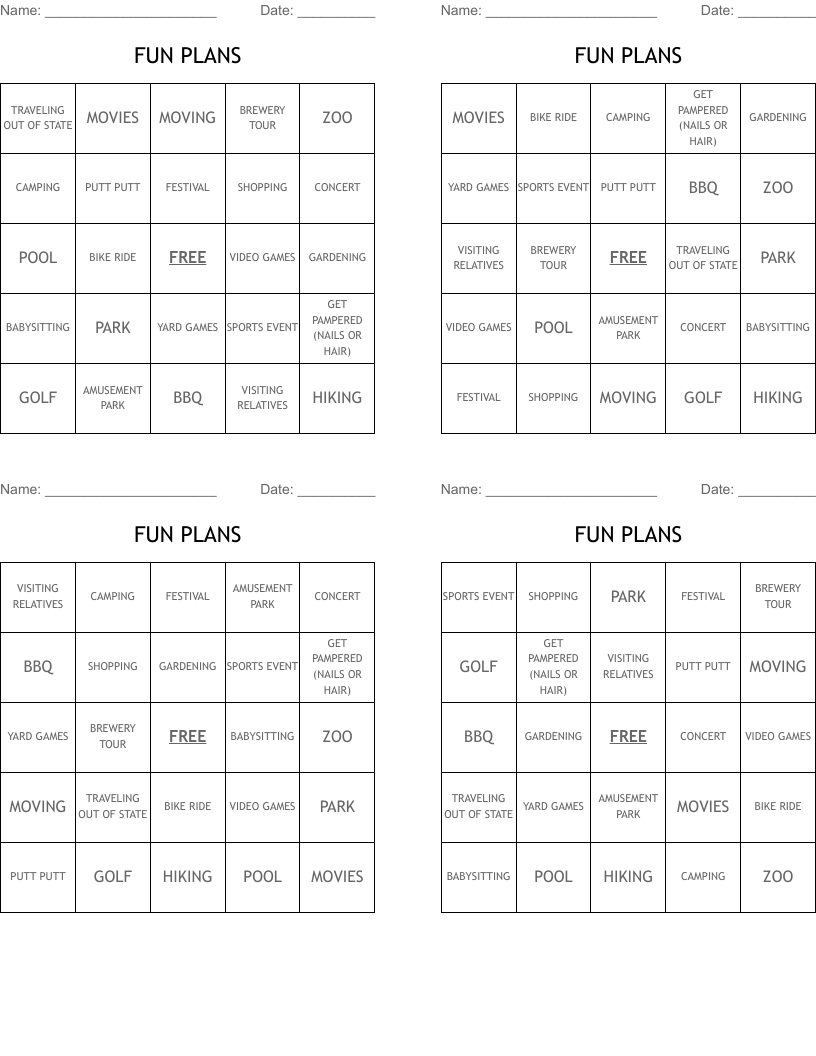 FUN PLANS Bingo Cards