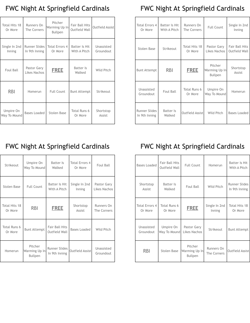 FWC Night At Springfield Cardinals Bingo Cards