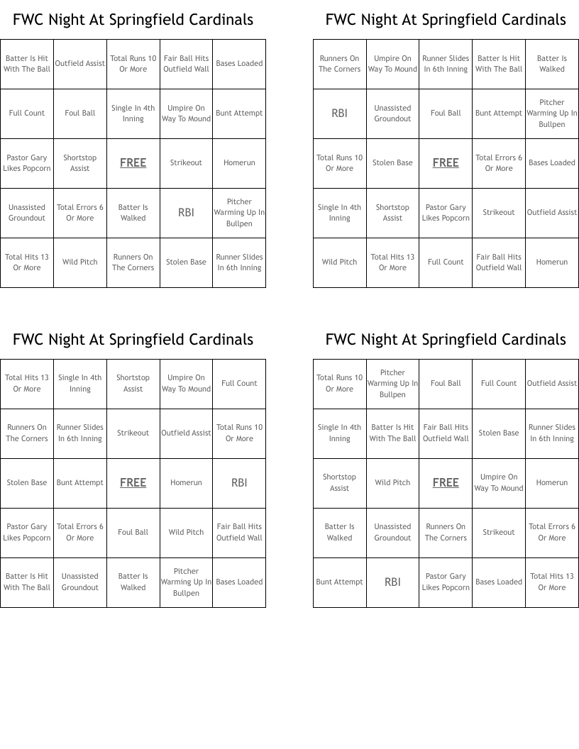 FWC Night At Springfield Cardinals Bingo Cards