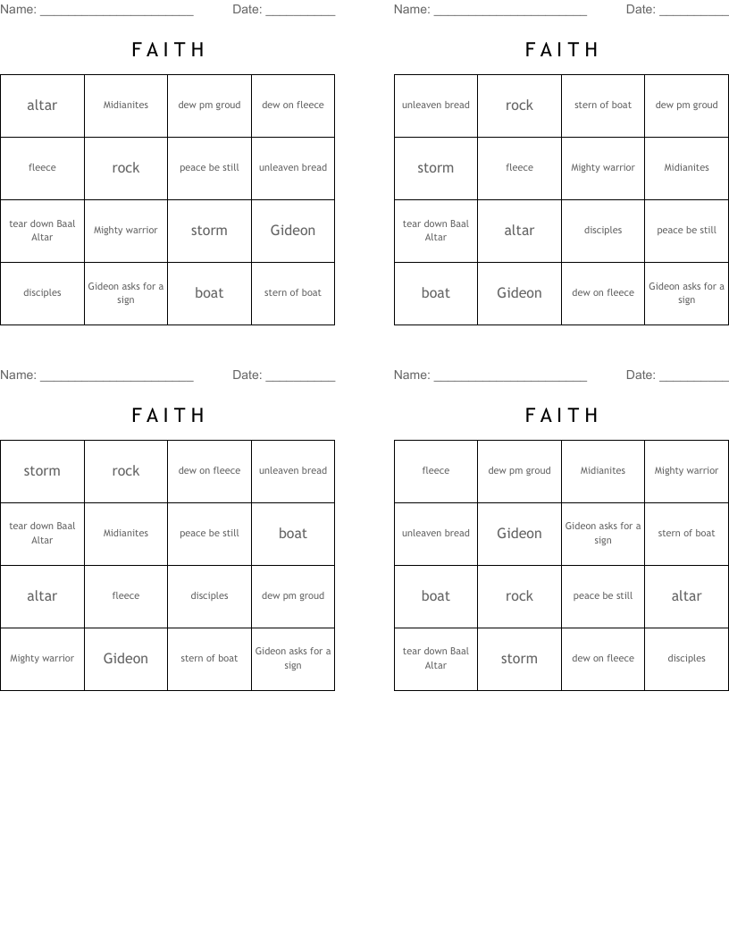 F A I T H Bingo Cards
