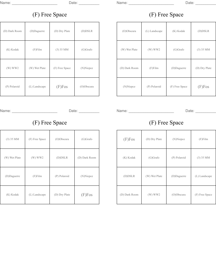 (F) Free Space Bingo Cards