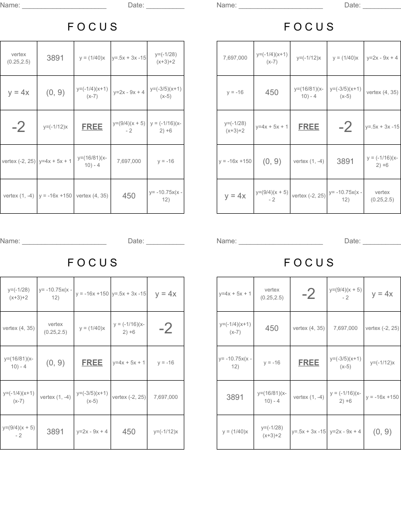 F O C U S Bingo Cards