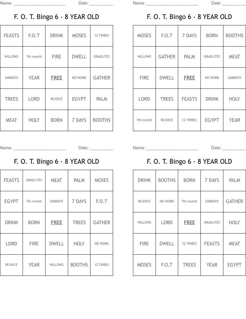 F. O. T. Bingo   6  - 8 YEAR OLD