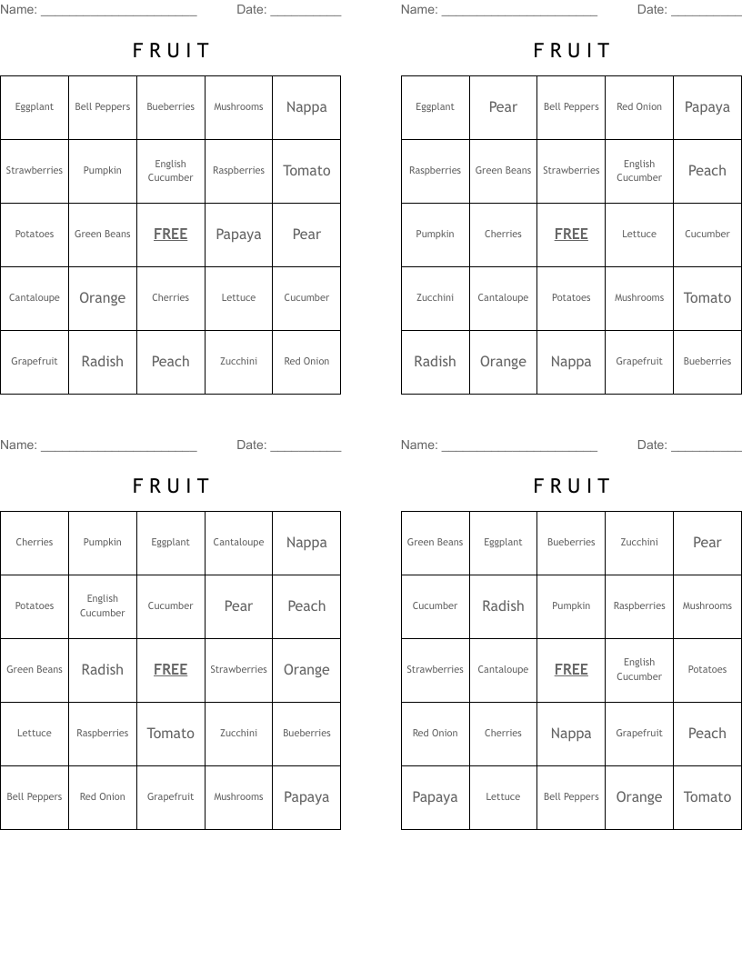 F R U I T Bingo Cards