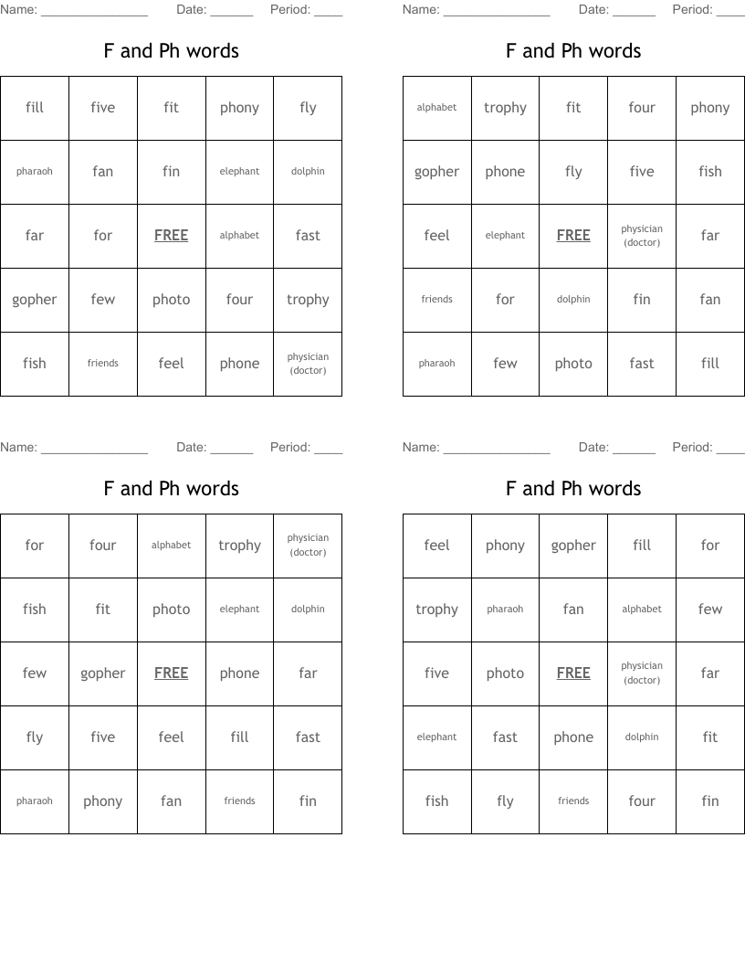 F and Ph words Bingo Cards