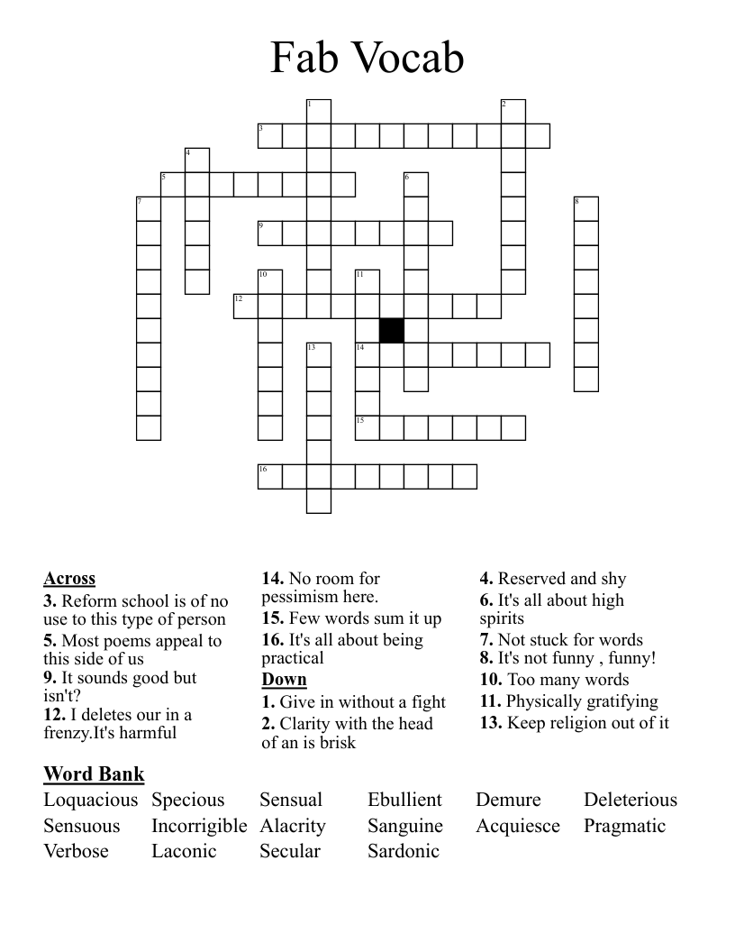 Fab Vocab Crossword