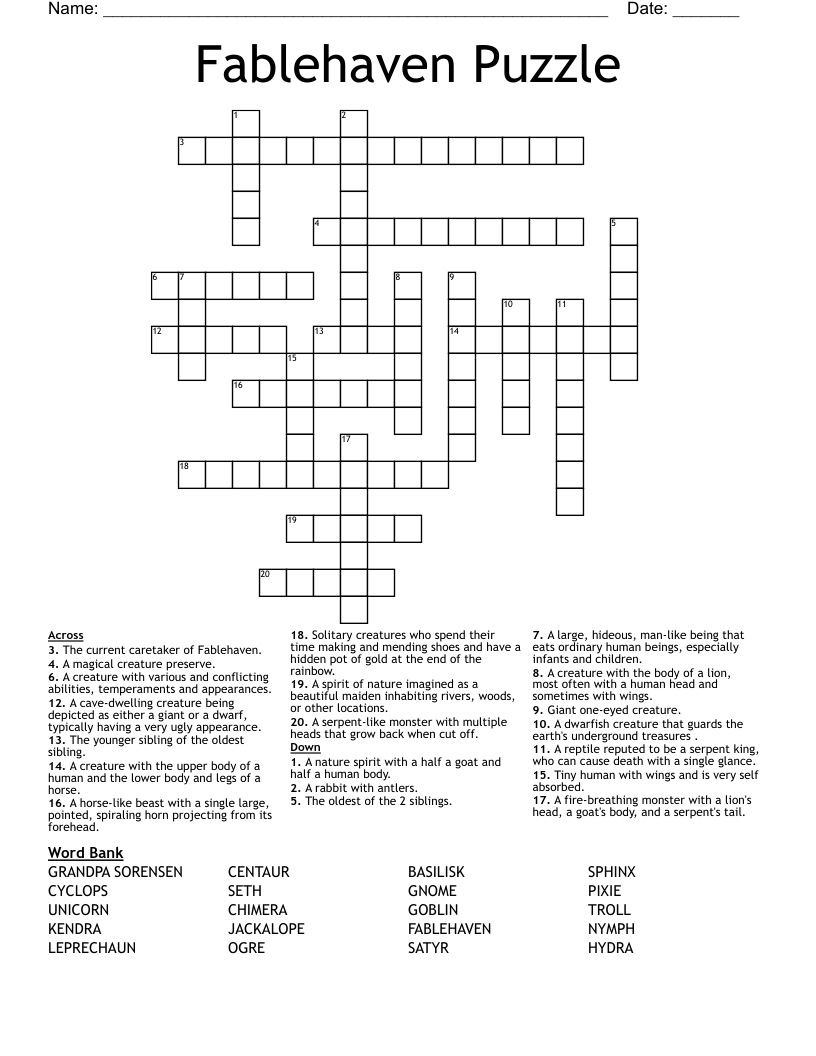 Fablehaven Puzzle Crossword