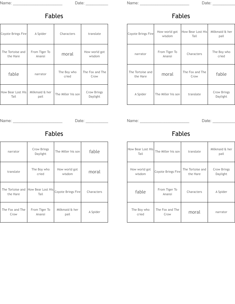 Fables Bingo Cards