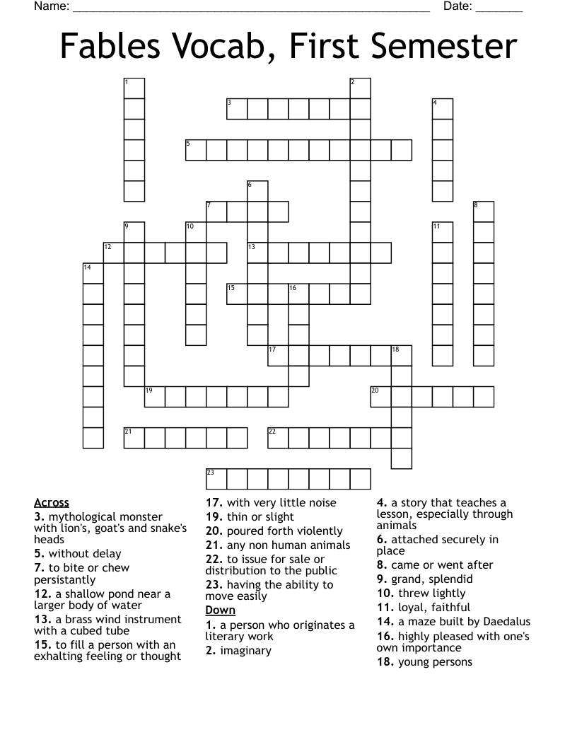 Fables Vocab, First Semester Crossword