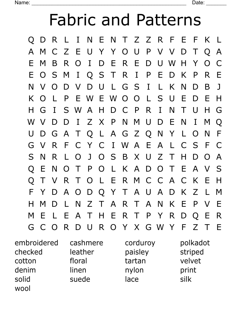 Fabric and Patterns Word Search