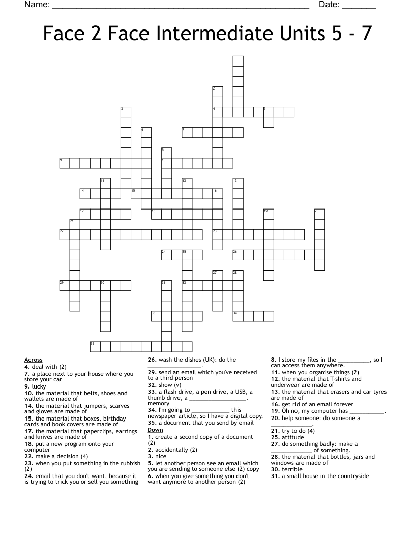 Face 2 Face Intermediate Units 5 - 7 Crossword