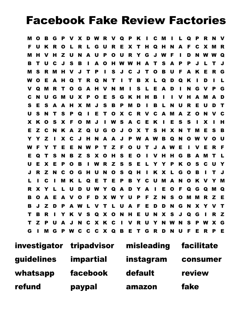 Facebook Fake Review Factories Word Search