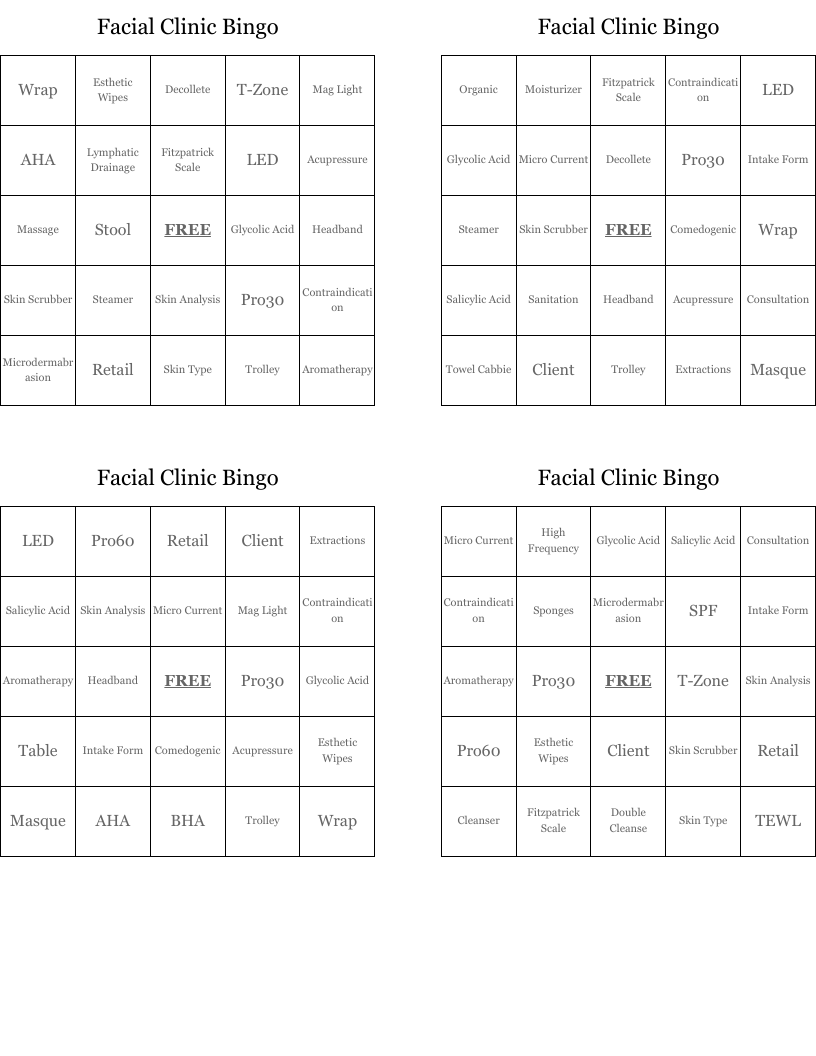 Facial Clinic Bingo