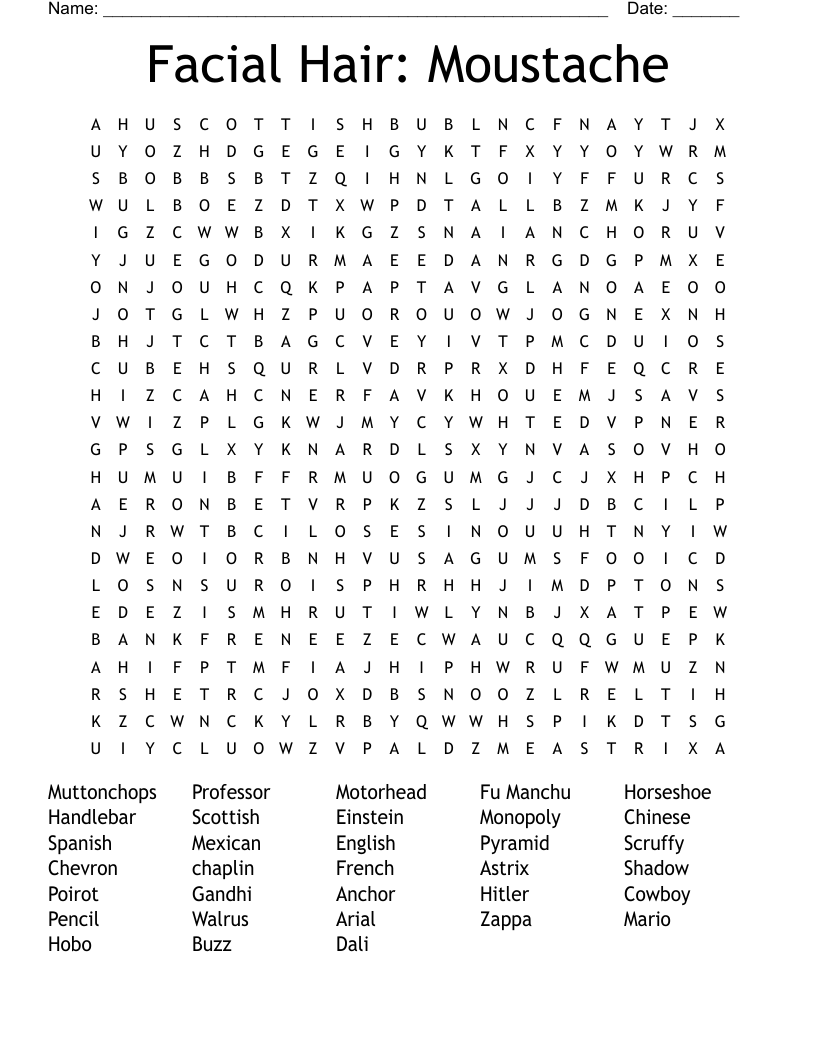 Facial Hair: Moustache Word Search