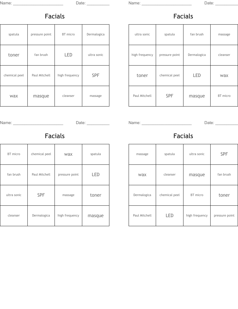 Facials Bingo Cards