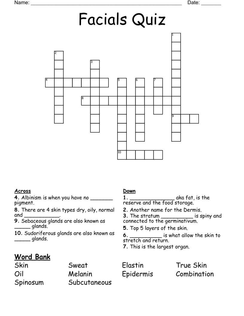 Facials Quiz Crossword