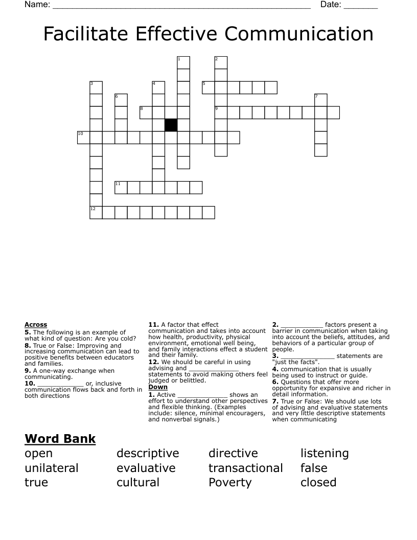 Facilitate Effective Communication Crossword