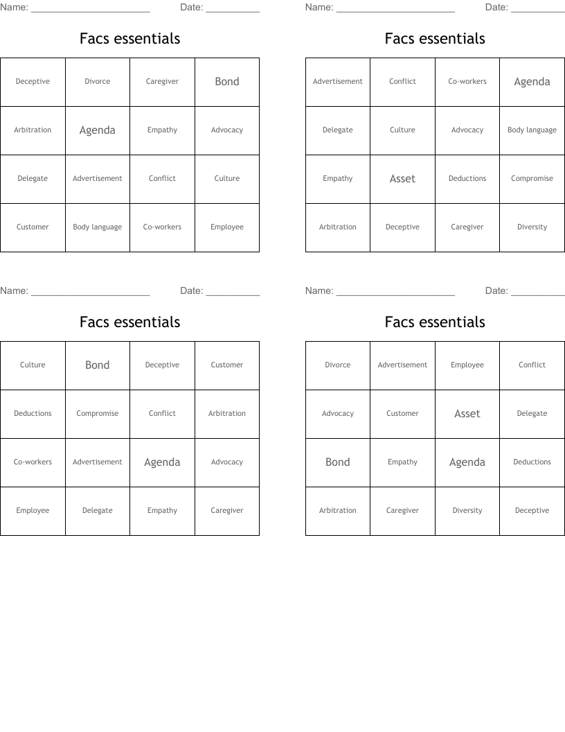 Facs essentials Bingo Cards