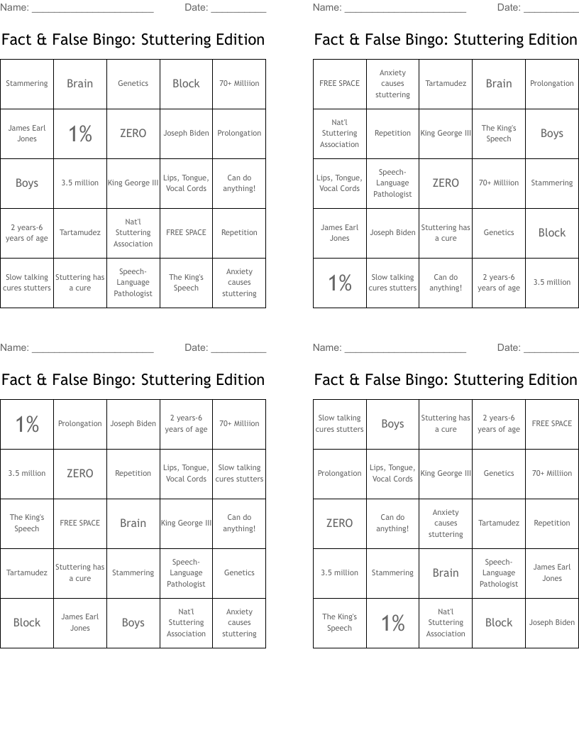 Fact & False Bingo: Stuttering Edition