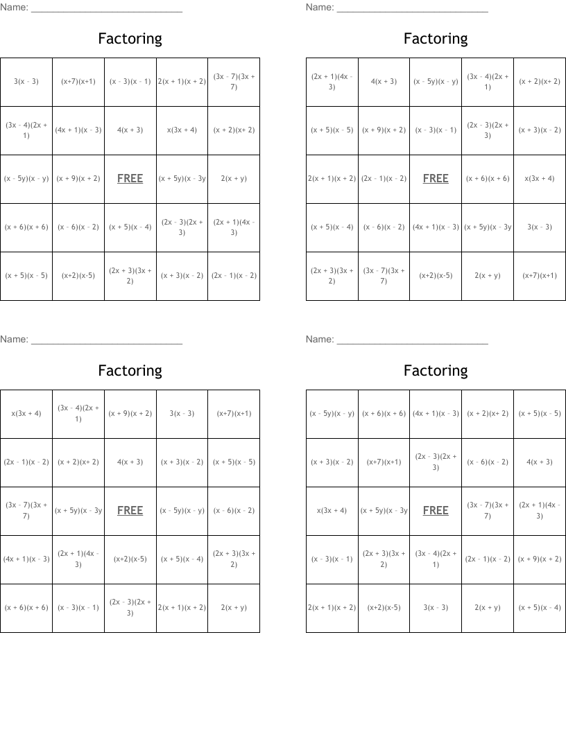 Factoring Bingo Cards