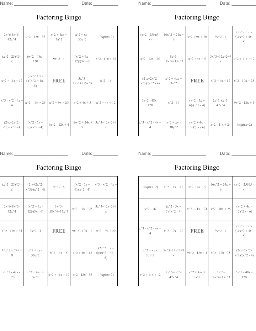 Factoring Bingo