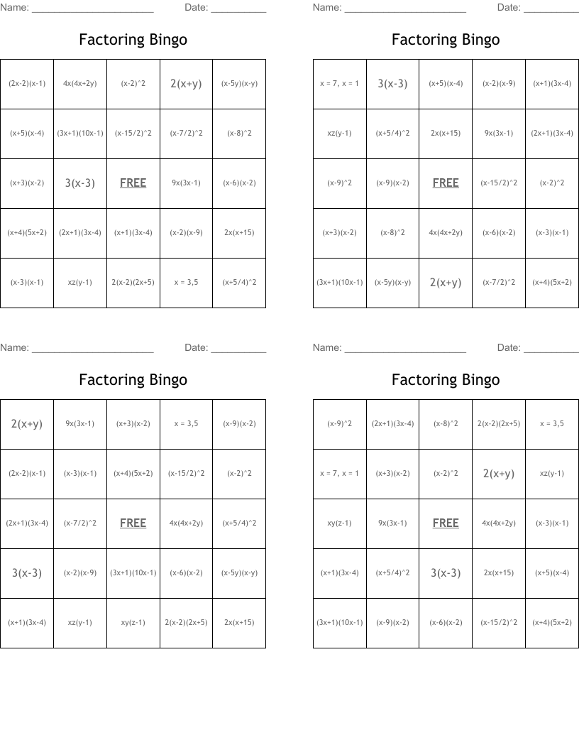 Factoring Bingo