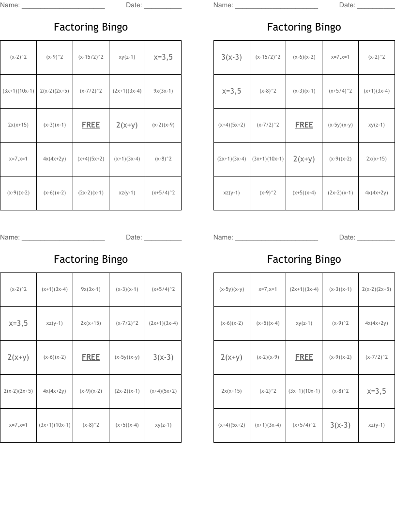 Factoring Bingo