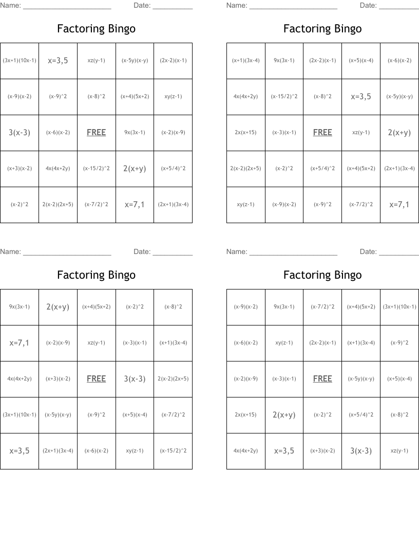 Factoring Bingo
