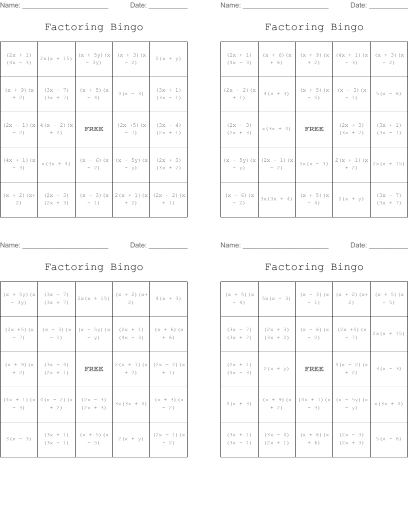 Factoring Bingo
