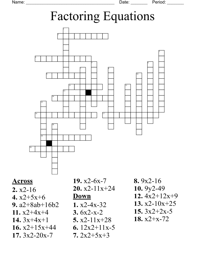 Factoring Equations Crossword
