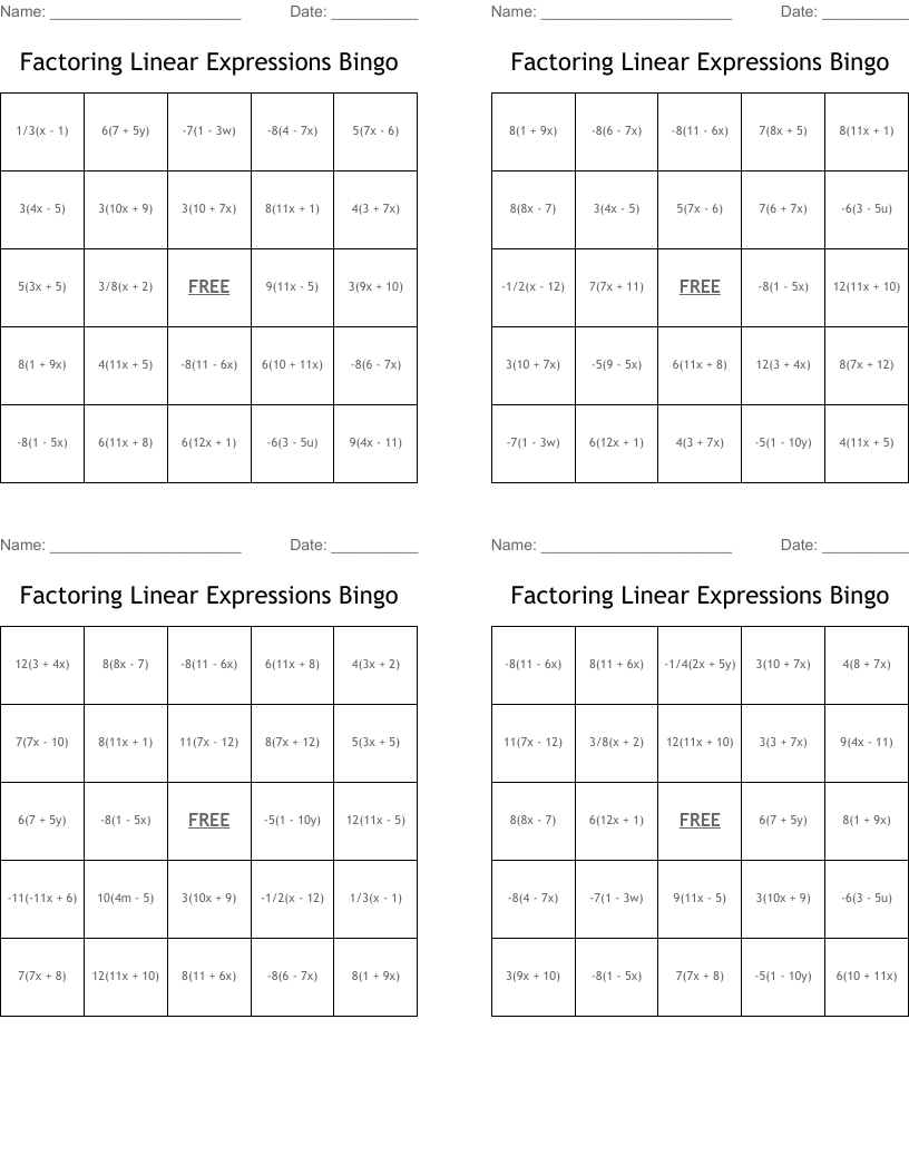 Factoring Linear Expressions Bingo