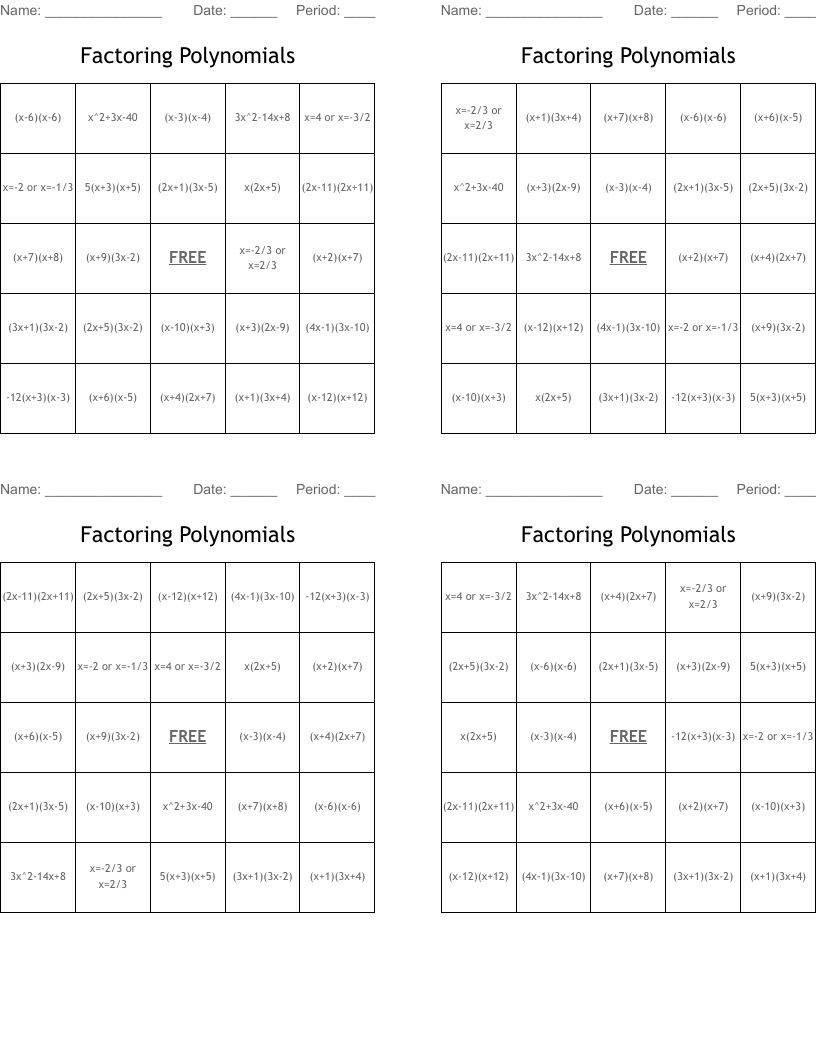 Factoring Polynomials Bingo Cards
