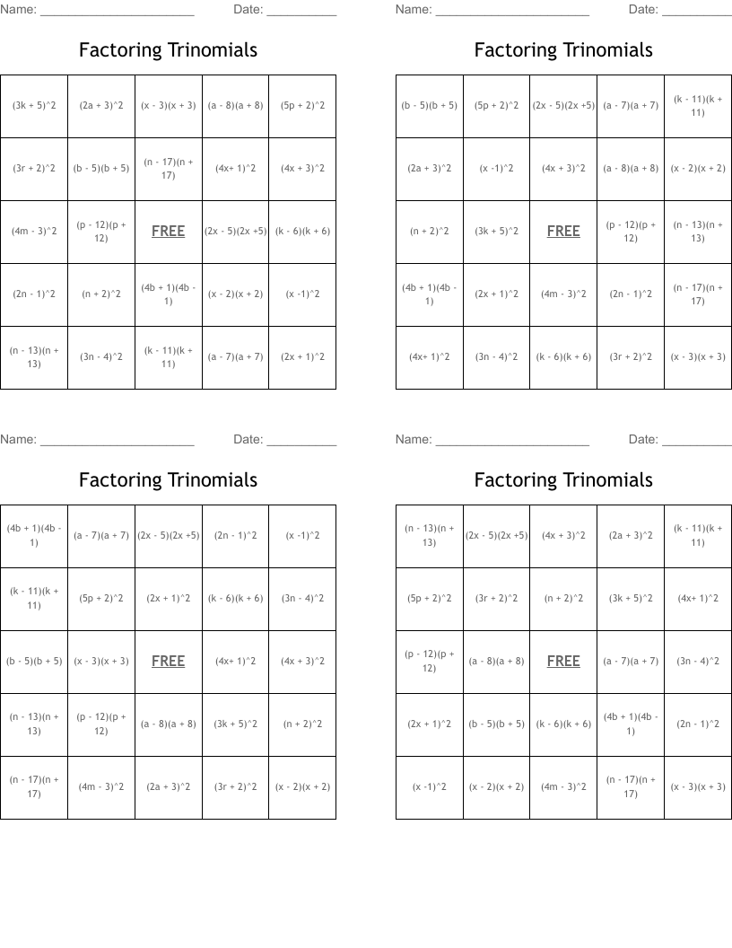 Factoring Trinomials Bingo Cards