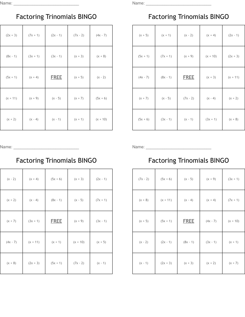 Factoring Trinomials BINGO