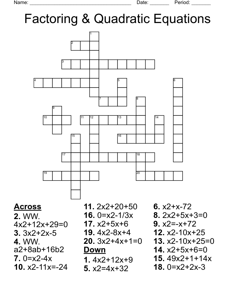 Factoring & Quadratic Equations Crossword