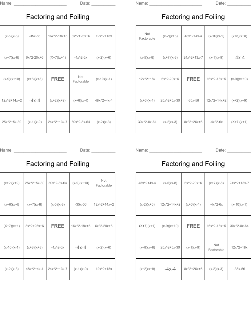 Factoring and Foiling Bingo Cards