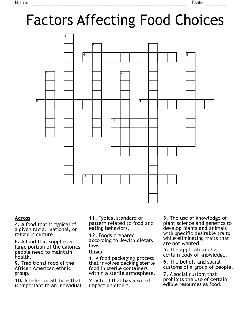 Factors Affecting Food Choices Crossword
