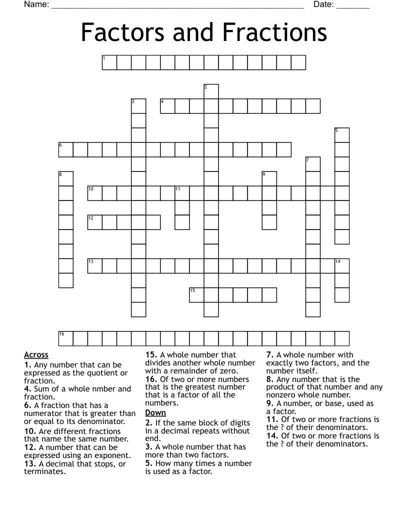 Factors and Fractions Crossword
