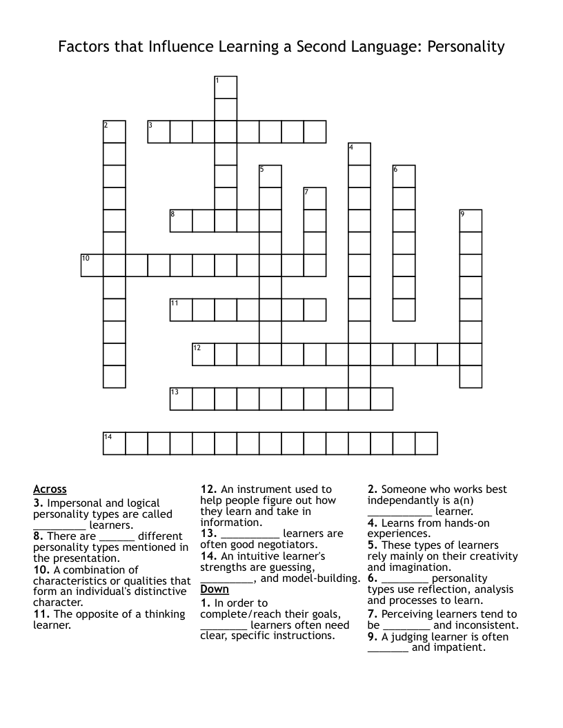 Factors that Influence Learning a Second Language: Personality Crossword
