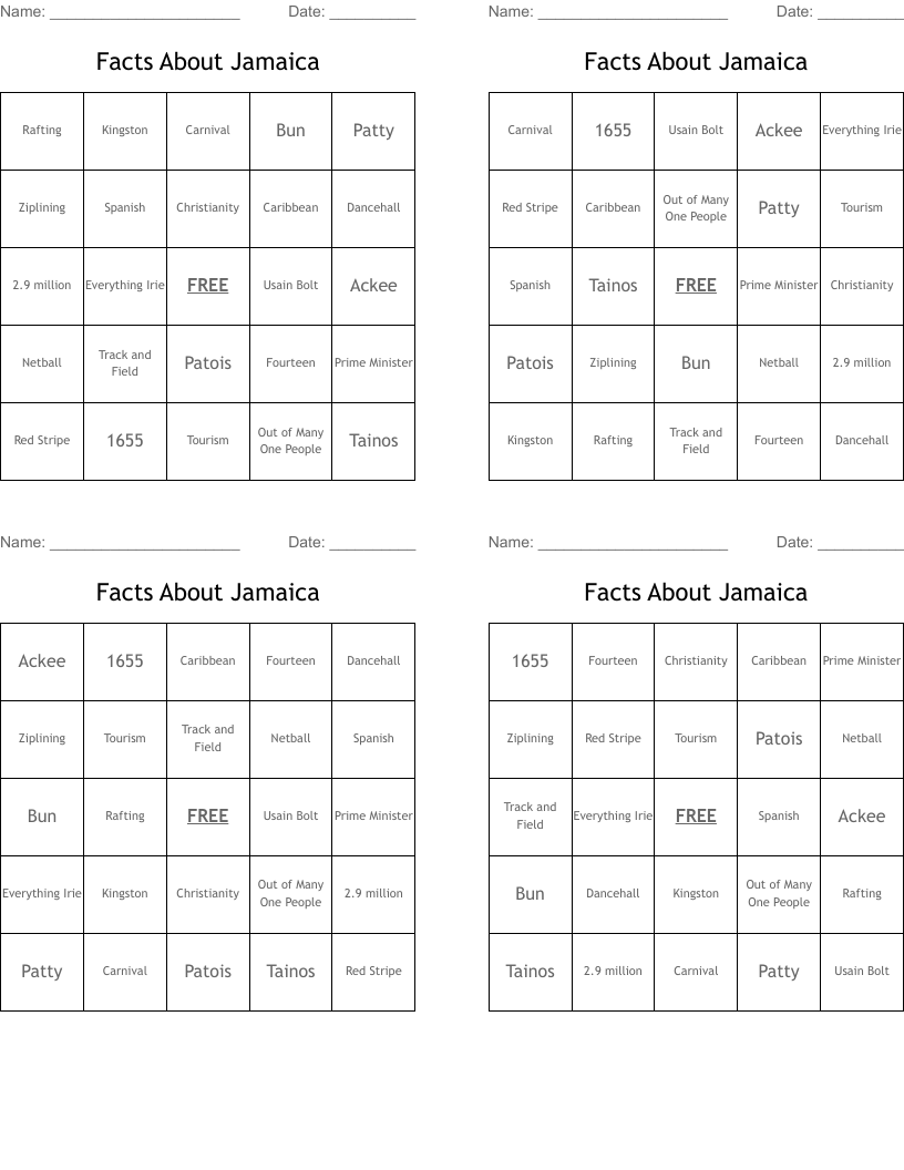Facts About Jamaica  Bingo Cards