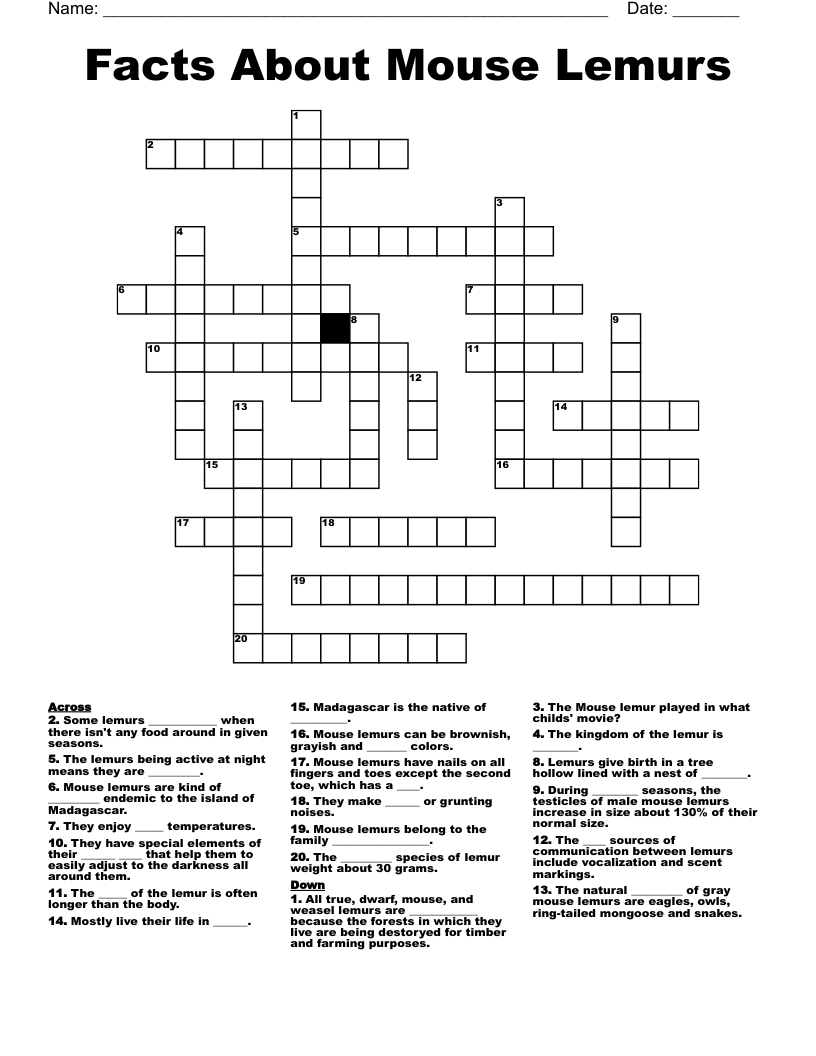 Facts About Mouse Lemurs Crossword