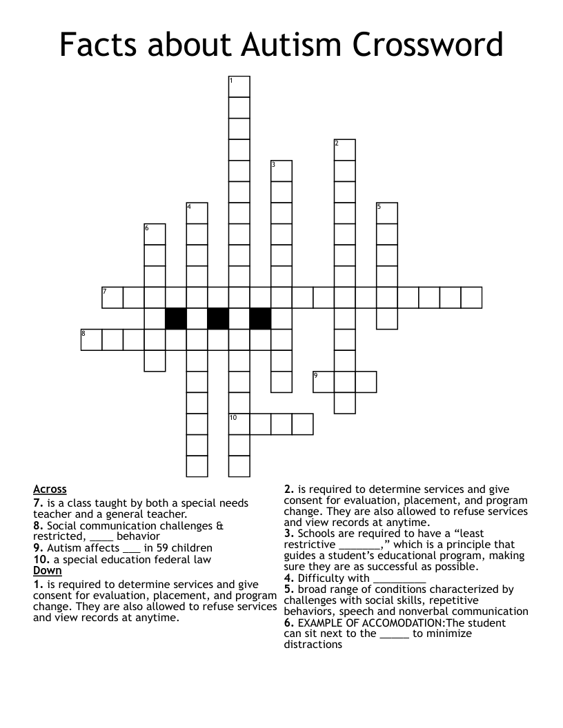 Facts about Autism Crossword