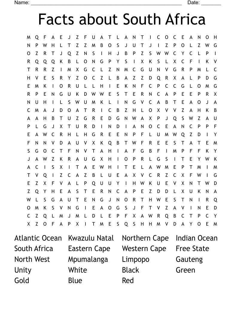 Facts about South Africa Word Search