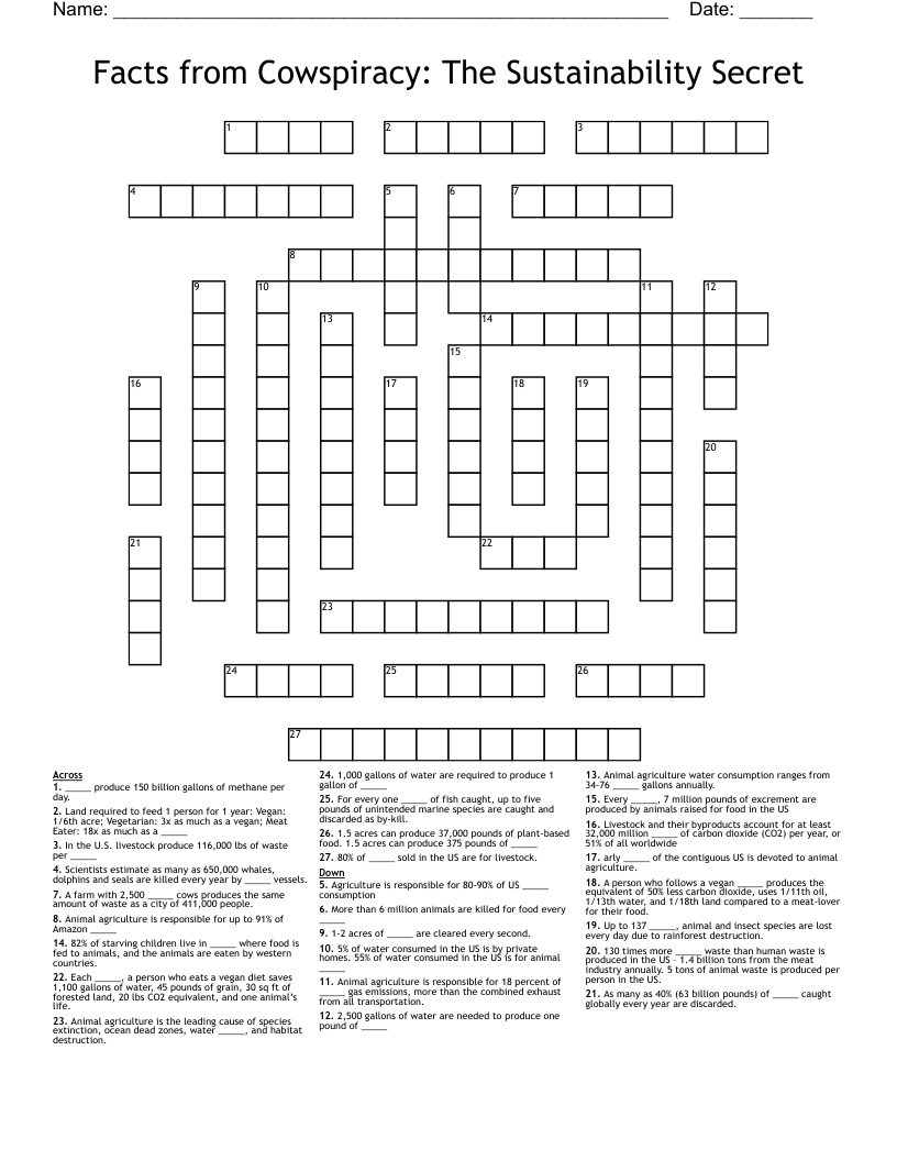 Facts from Cowspiracy: The Sustainability Secret Crossword