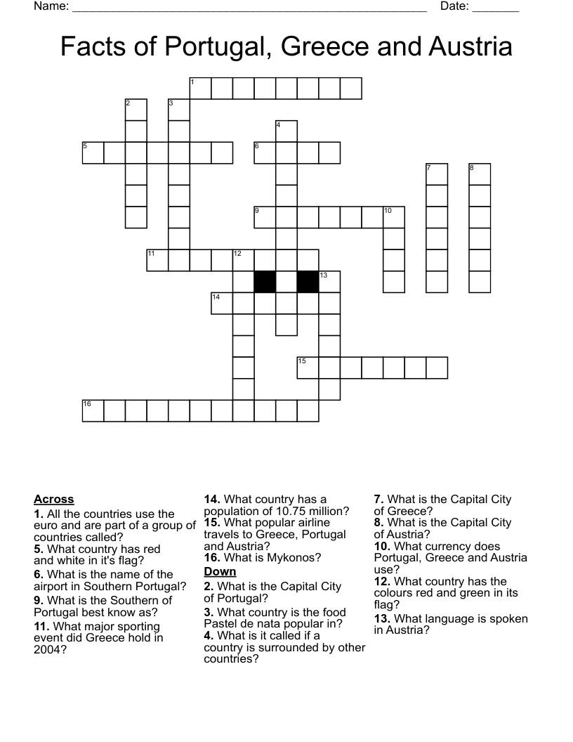 Facts of Portugal, Greece and Austria Crossword