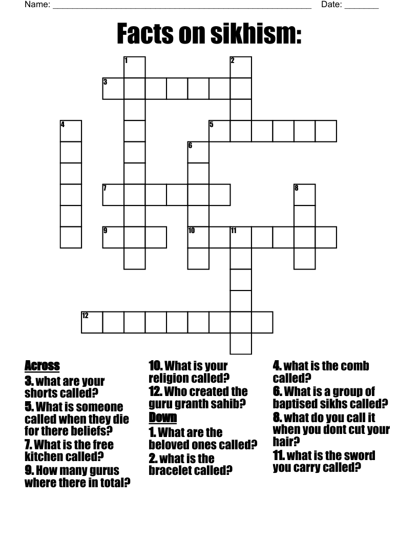 Facts on sikhism: Crossword
