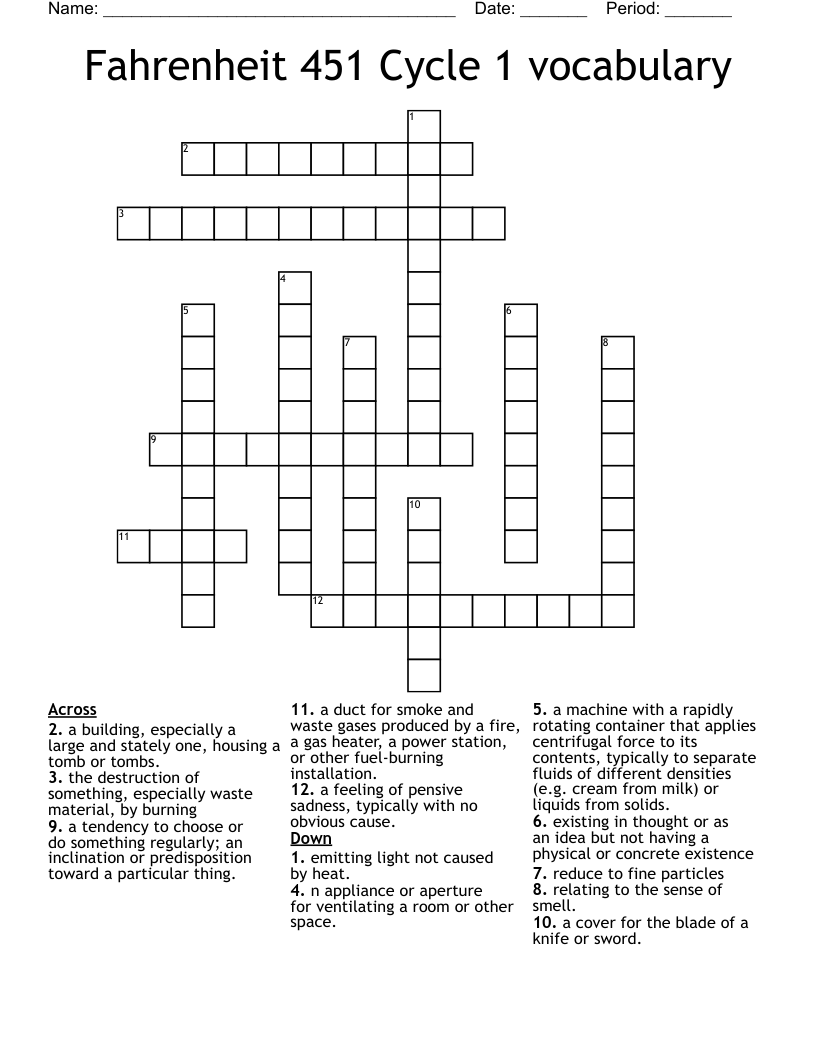 Fahrenheit 451 Cycle 1 vocabulary Crossword