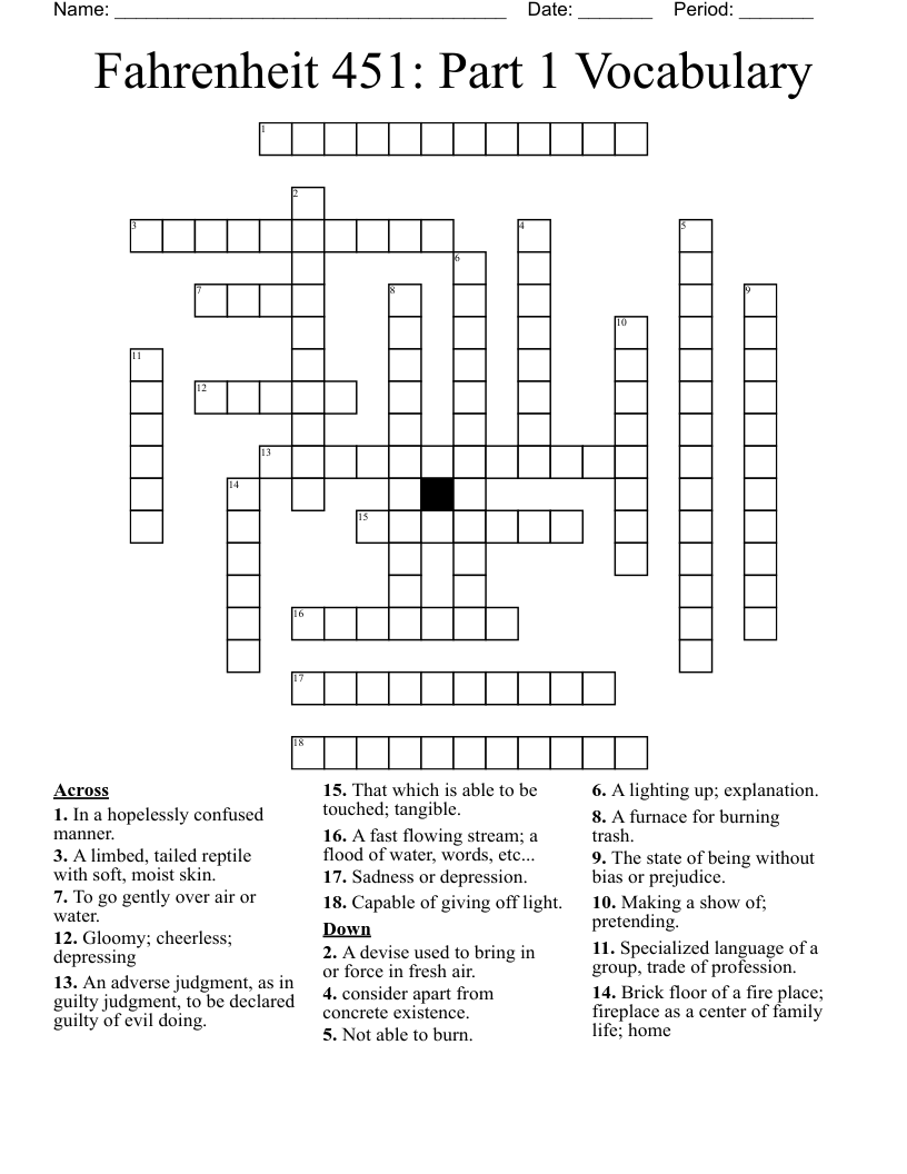 Fahrenheit 451: Part 1 Vocabulary Crossword