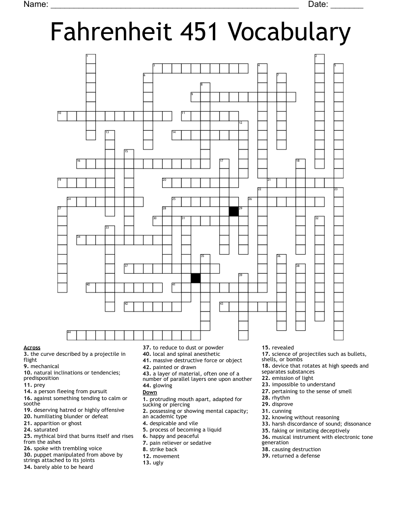 Fahrenheit 451 Vocabulary Crossword
