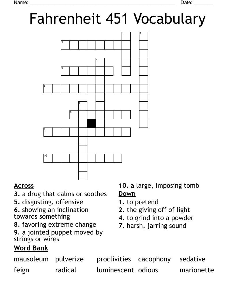 Fahrenheit 451 Vocabulary Crossword